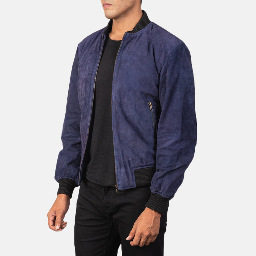 Shane Blue Suede Bomber jakki úr leðri fyrir karla