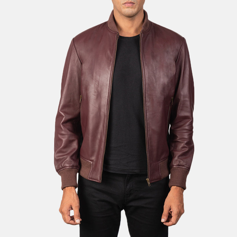 Shane Maroon Bomber jakki úr leðri fyrir karla