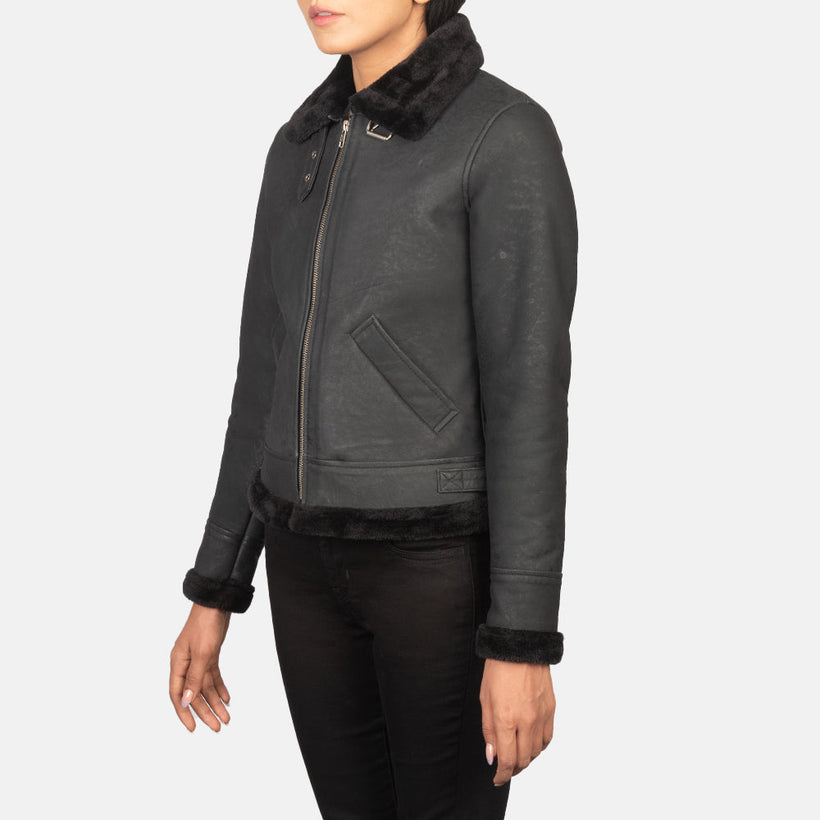 Sherilyn B-3 Svartur Bomber jakki úr leðri fyrir konur