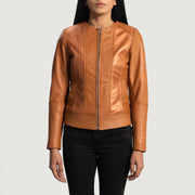 Close-Up Detail of Classic Collar &amp; Zipper Hardware on Women's Sleeky Clean Tan Leather Biker Jacket