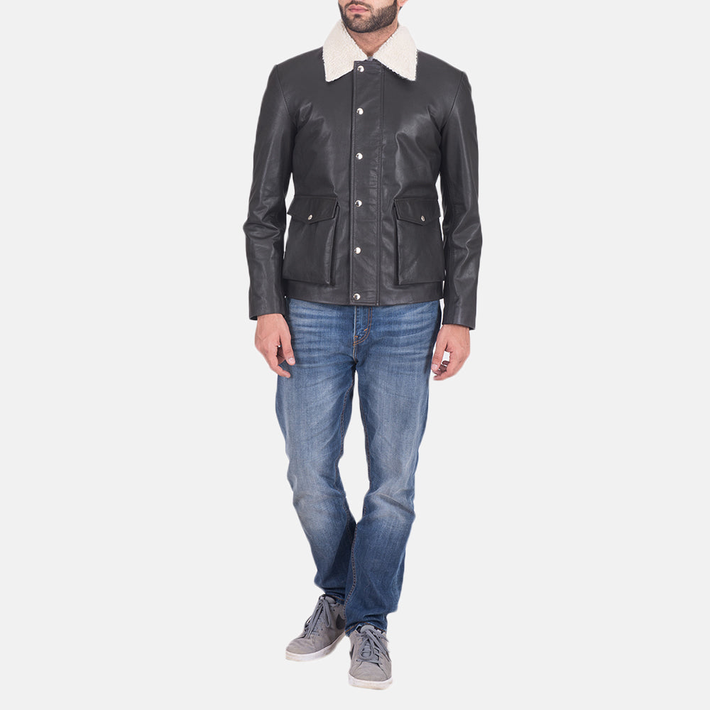 
Nærmynd of Shirt style Faux Shearling Collar & Zipper + Button Flap Hardware on Snow Cole Svartur Leðurjakki fyrir Karla
