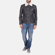 
Nærmynd of Shirt style Faux Shearling Collar & Zipper + Button Flap Hardware on Snow Cole Svartur Leðurjakki fyrir Karla