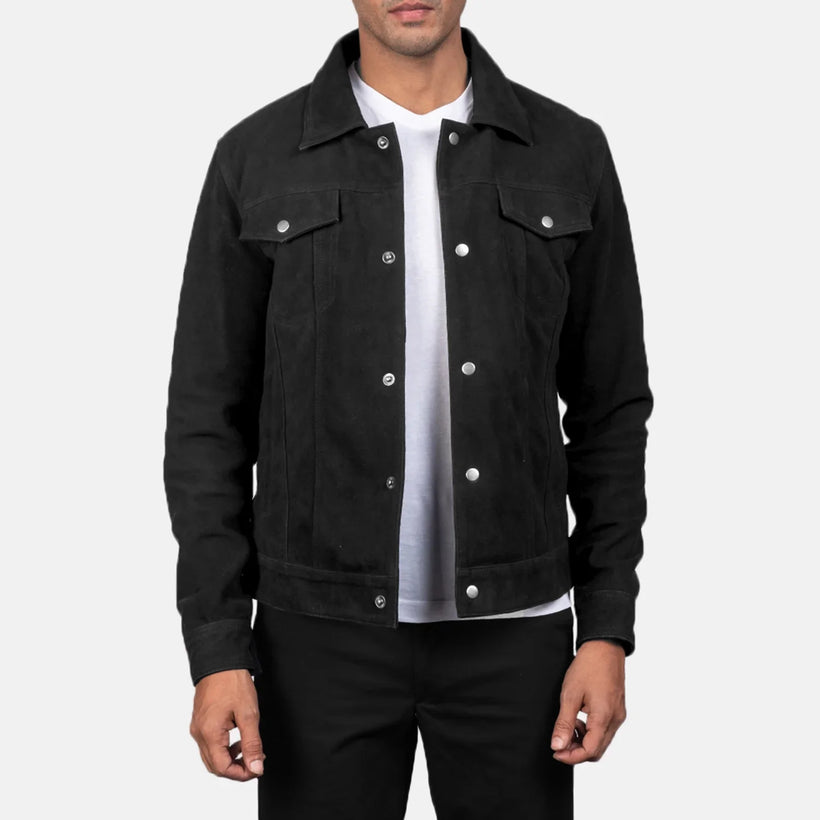Men's Stallon Black Suede Jacket in Black Goatskin Suede - Front Profile View & Tailored Silhouette | Buy Online
