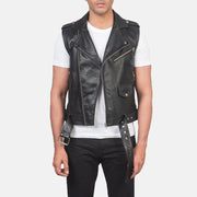 Men's Sullivan Black Leather Biker Vest in Black Cowhide Leather - Front Profile View &amp; Tailored Silhouette | Buy Online