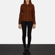 
Nærmynd af kraga og rennilás Suzy Brown Suede Trucker Jacket