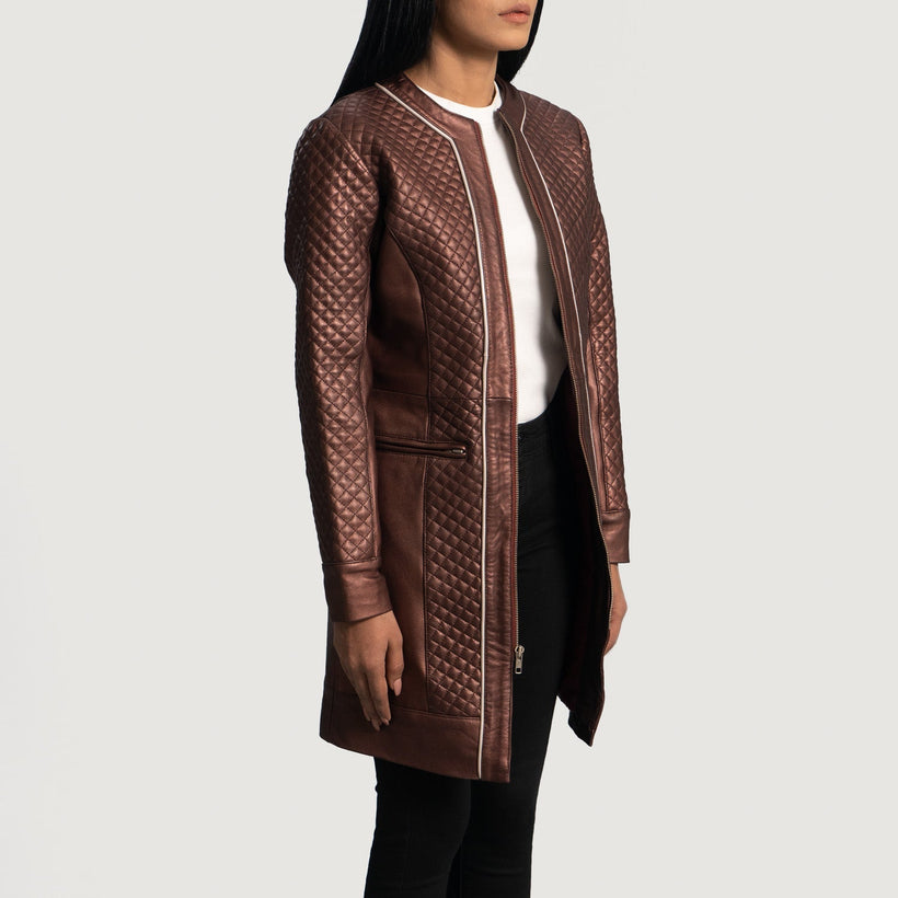 Trudy Lane Quilted Maroon Leather Coat fyrir konur