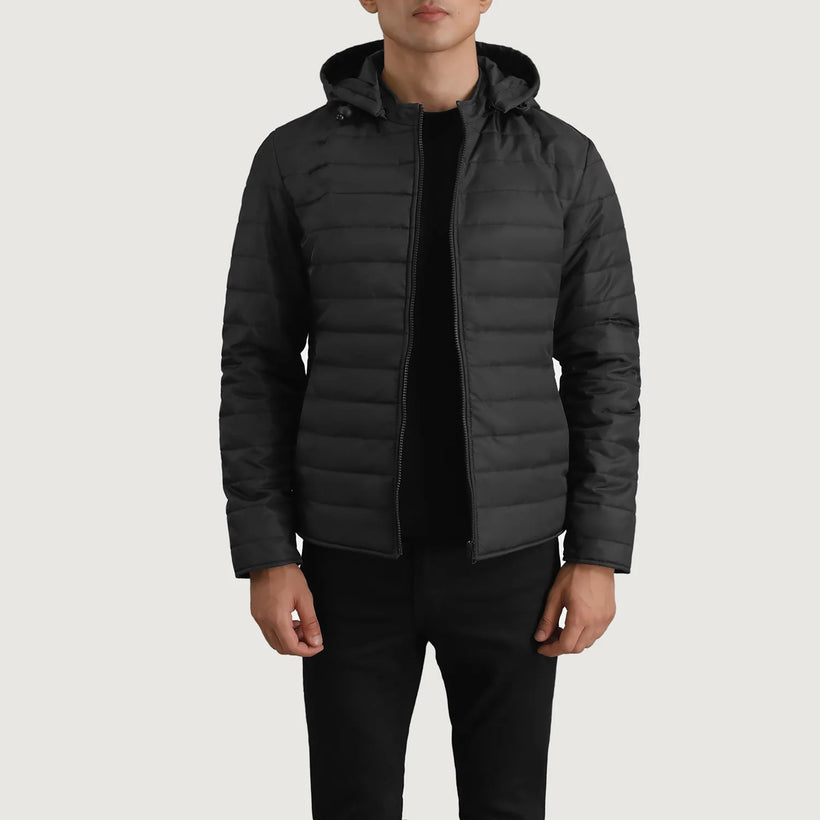 Tyler Svartur Hooded Puffer Leðurjakki fyrir Karla