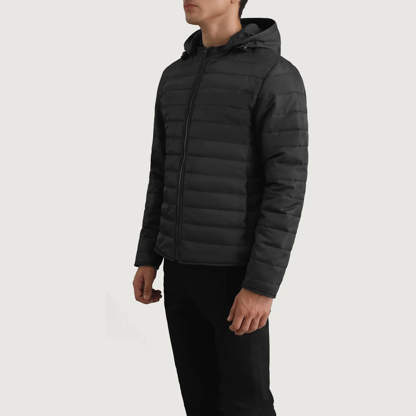 Tyler Svartur Hooded Puffer Leðurjakki fyrir Karla