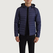 
Tyler Blár Hooded Puffer Leðurjakki fyrir Karla in Blue Full-Grain Leather - Að framan með sniðinni hönnun | Kaupa á netinu
