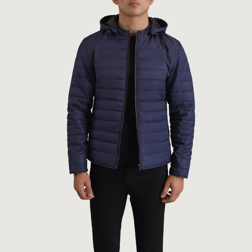 Tyler Blár Hooded Puffer Leðurjakki fyrir Karla
