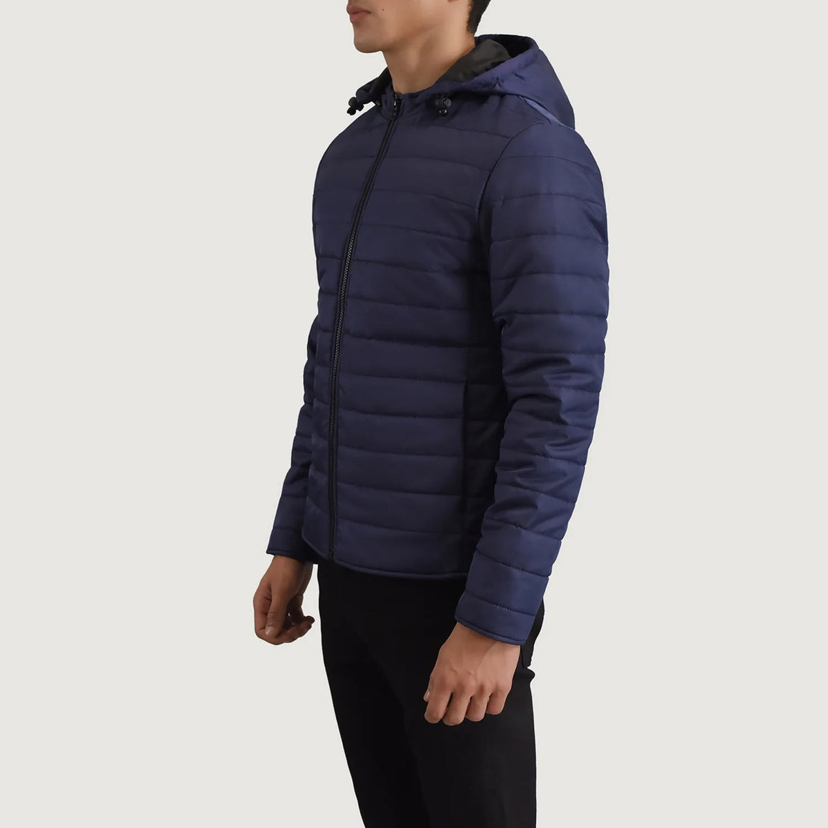 
Blue Full-Grain Leather Hooded Jacket - Að aftan með nákvæmri axlasniði og hreinum fald