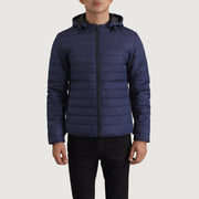 
Nærmynd of Classic Collar & Zipper Hardware on Tyler Blár Hooded Puffer Leðurjakki fyrir Karla