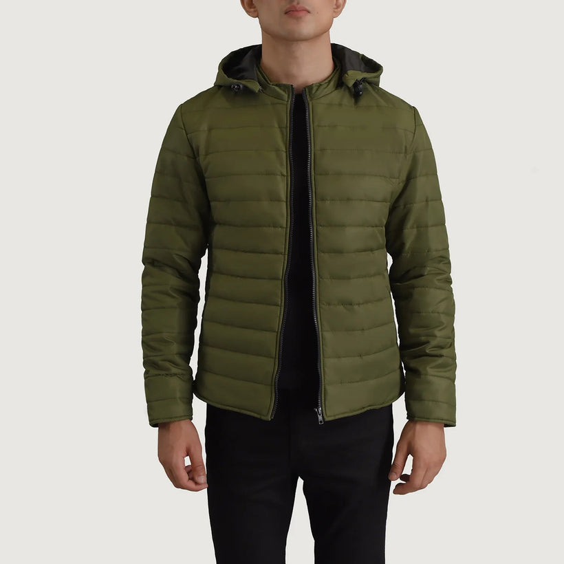 Tyler Grænn Hooded Puffer Leðurjakki fyrir Karla