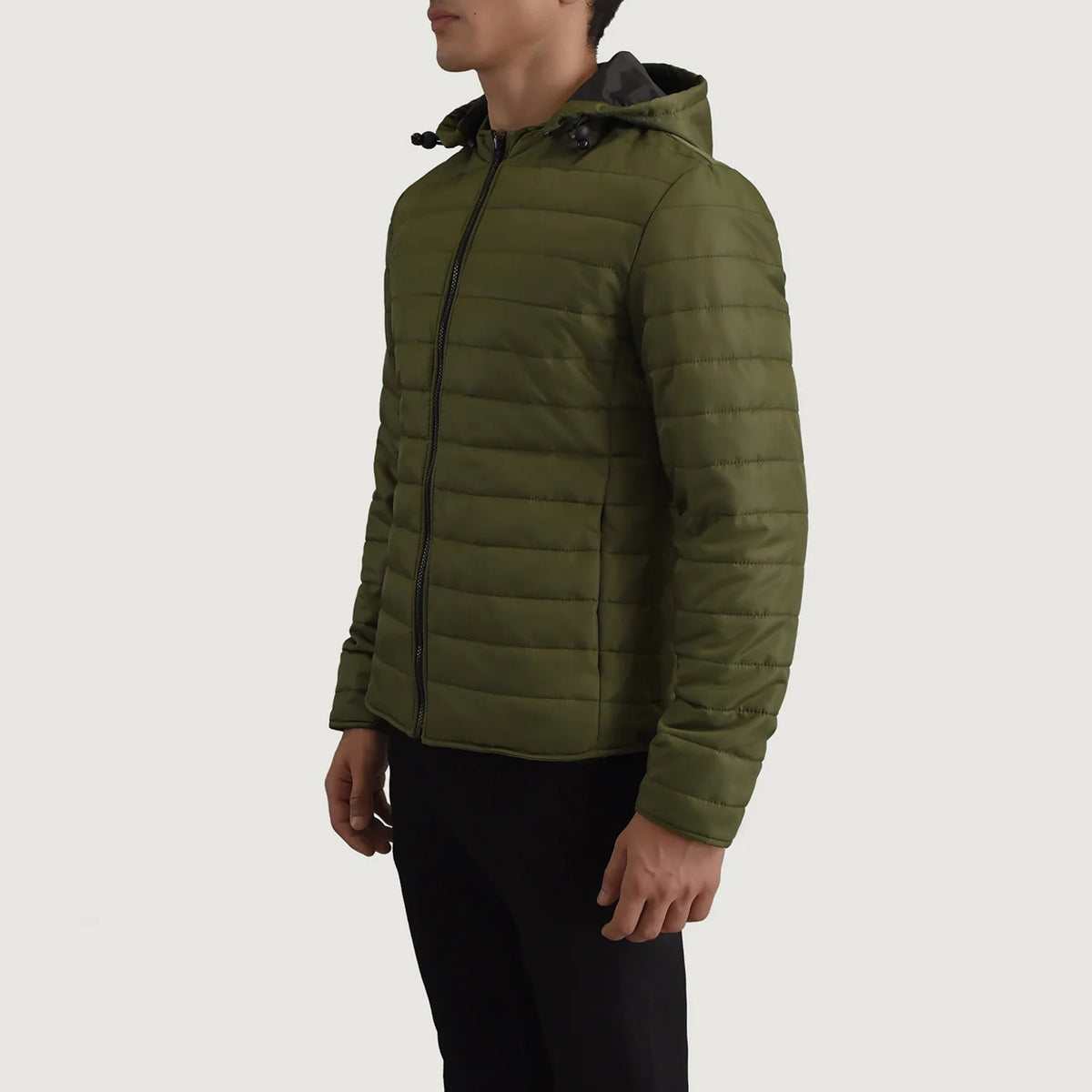 
Green Full-Grain Leather Hooded Jacket - Að aftan með nákvæmri axlasniði og hreinum fald