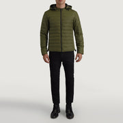 
Tyler Grænn Hooded Puffer Leðurjakki fyrir Karla - Hliðarsýn með vinnuvistfræðilegu ermasniði