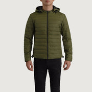 
Nærmynd of Classic Collar & Zipper Hardware on Tyler Grænn Hooded Puffer Leðurjakki fyrir Karla
