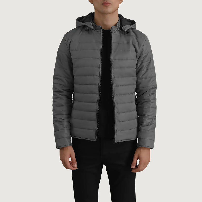Tyler Grey Hooded Puffer Leðurjakki fyrir Karla