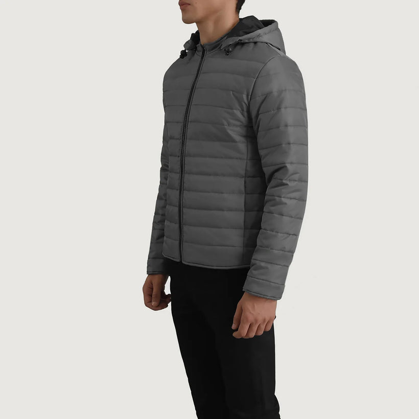 Tyler Grey Hooded Puffer Leðurjakki fyrir Karla