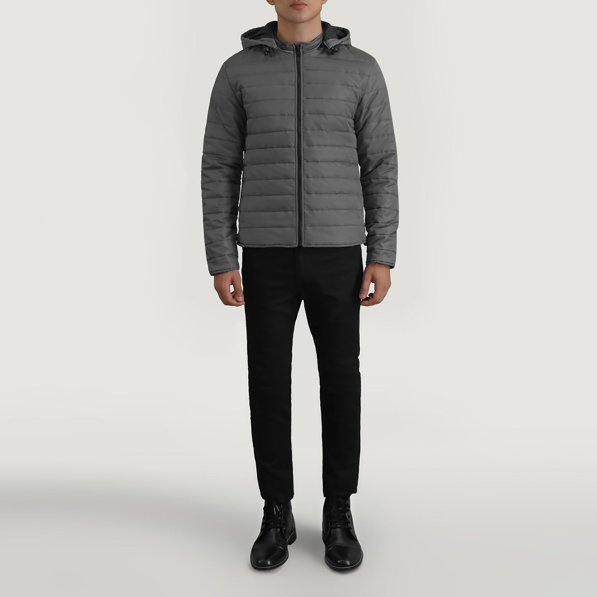 
Tyler Grey Hooded Puffer Leðurjakki fyrir Karla - Hliðarsýn með vinnuvistfræðilegu ermasniði