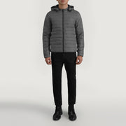 
Tyler Grey Hooded Puffer Leðurjakki fyrir Karla - Hliðarsýn með vinnuvistfræðilegu ermasniði