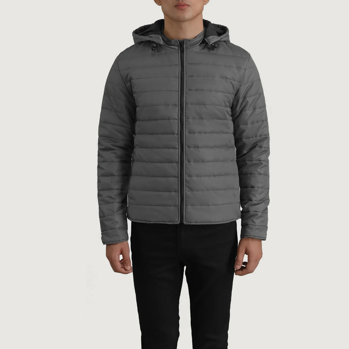 
Nærmynd of Classic Collar & Zipper Hardware on Tyler Grey Hooded Puffer Leðurjakki fyrir Karla
