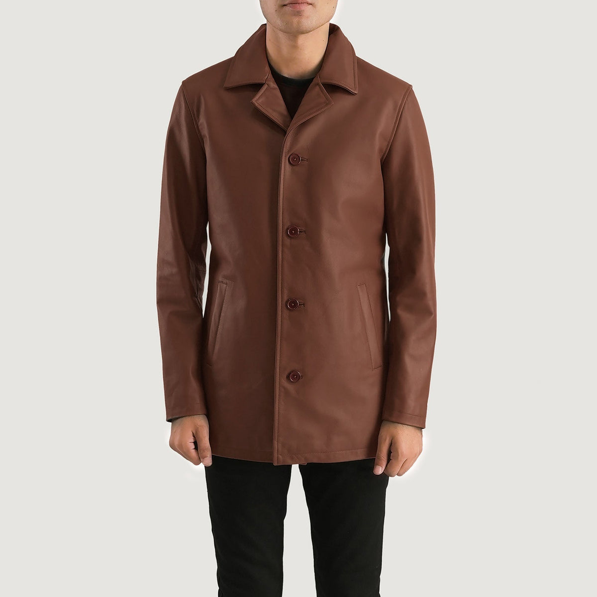 Urban Slate Brown Leather Coat in Brown Cowhide Leather - Front Profile View &amp; Tailored Silhouette | Buy Online