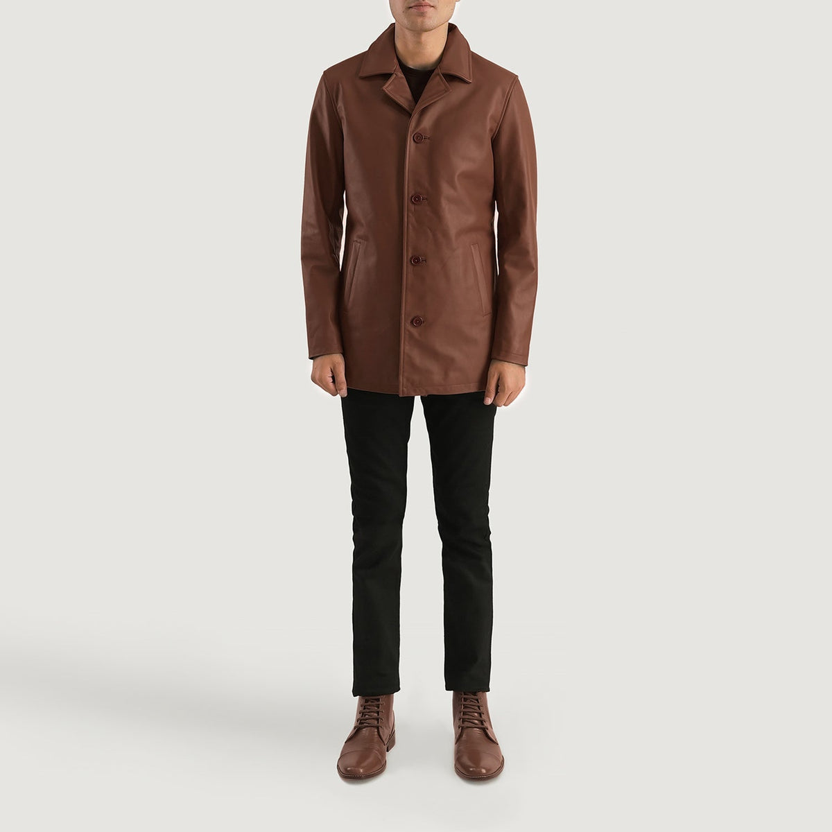 Urban Slate Brown Leather Coat - Lateral Side Profile View Showing Sleeve Cut &amp; Athletic Taper Fit