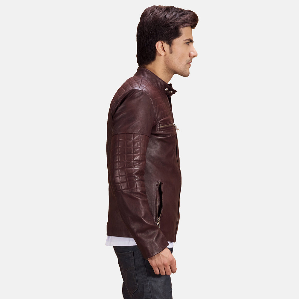 Maroon Sheepskin Leather Biker Jacket - Back View Showing Tailored Shoulder Fit &amp; Clean Hemline