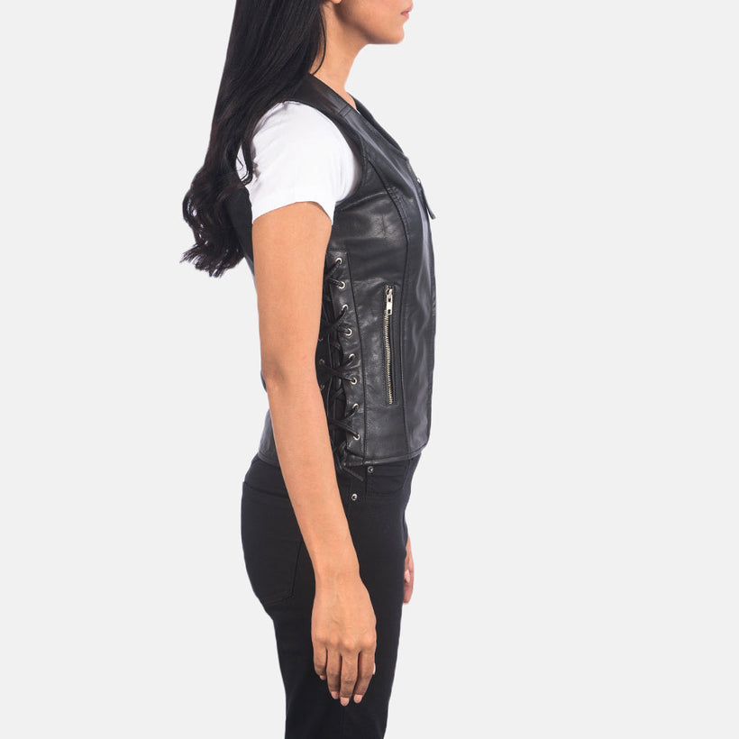 Vanda Svartur Leather Biker Vest fyrir Konur