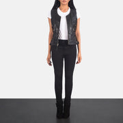 Women's Vanda Black Leather Biker Vest - Lateral Side Profile View Showing Sleeve Cut &amp; Athletic Taper Fit