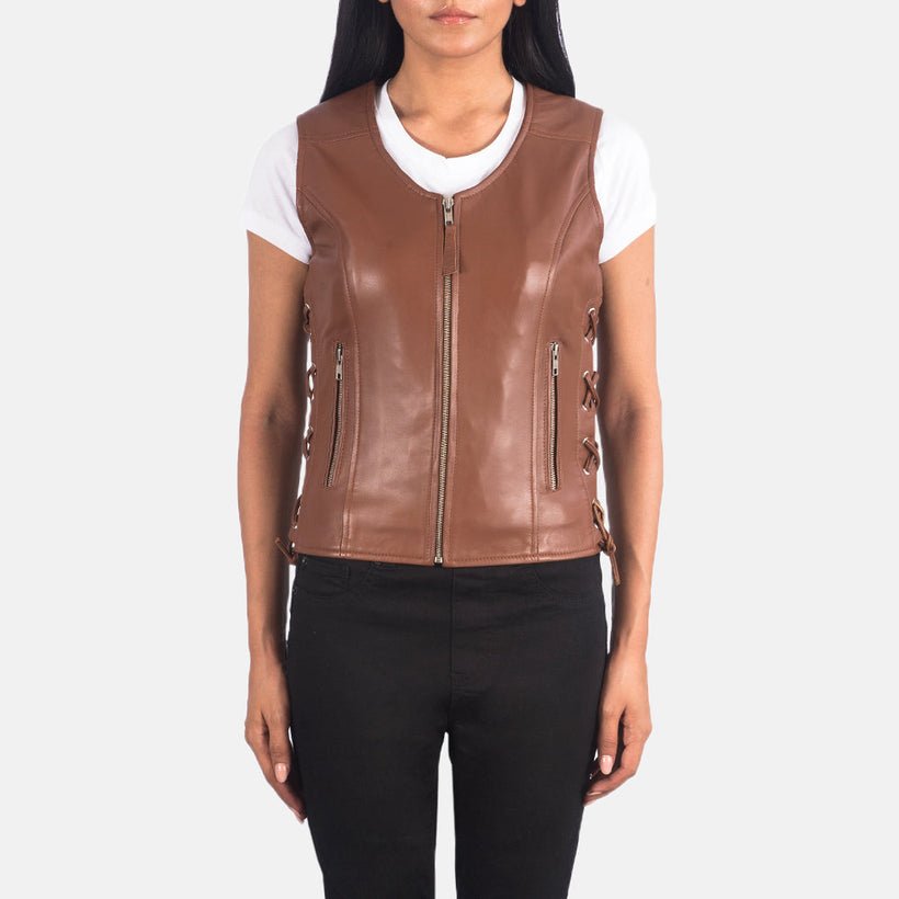 Vanda Brúnn Leather Biker Vest fyrir Konur