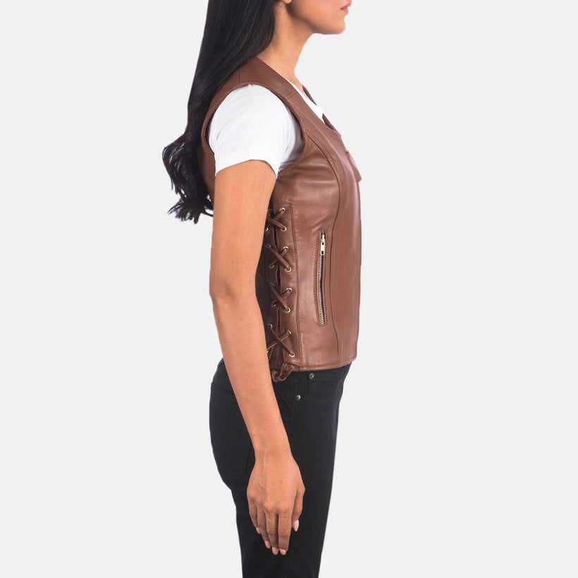 Vanda Brúnn Leather Biker Vest fyrir Konur