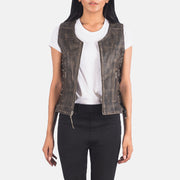 
Vanda Distressed Brúnn Leather Biker Vest fyrir Konur in Distressed Brown Goatskin Leather - Að framan með sniðinni hönnun | Kaupa á netinu