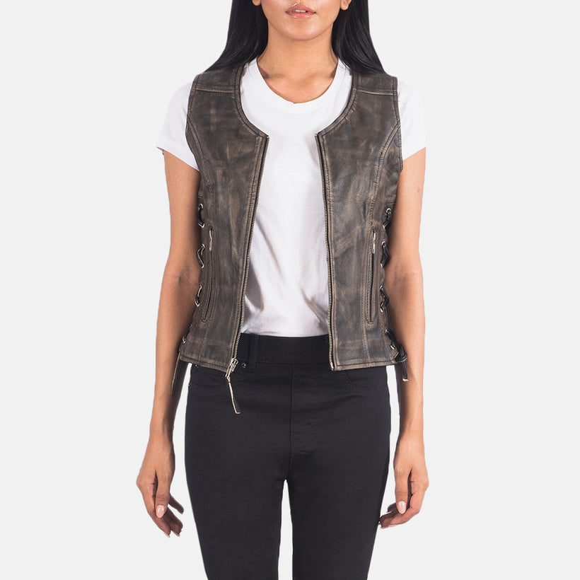 Vanda Distressed Brúnn Leather Biker Vest fyrir Konur