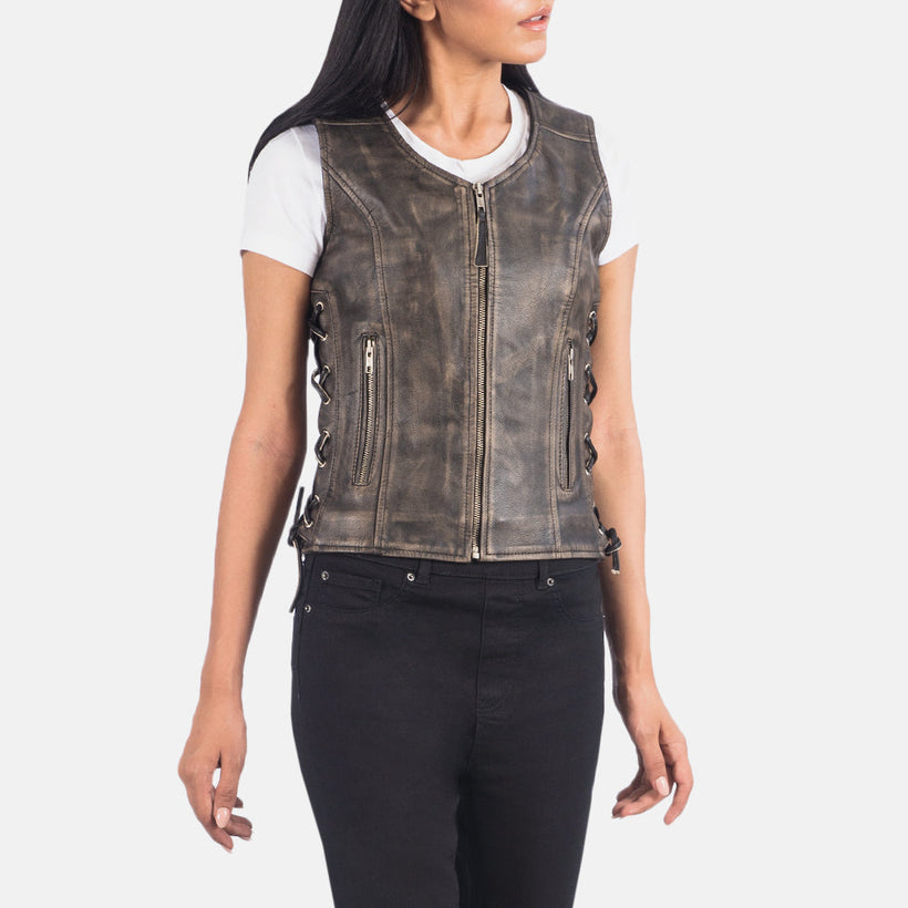 Vanda Distressed Brúnn Leather Biker Vest fyrir Konur