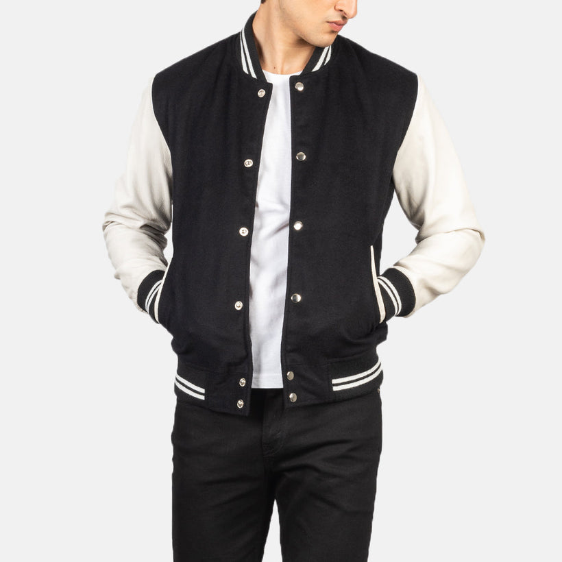 Vaxton Svartur & White Hybrid Varsity Leðurjakki fyrir karla