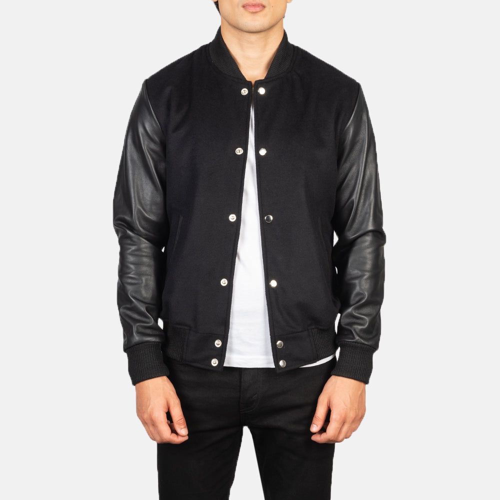 Men's Vaxton Black Hybrid Varsity Jacket in Black Sheepskin Leather - Front Profile View &amp; Tailored Silhouette | Buy Online