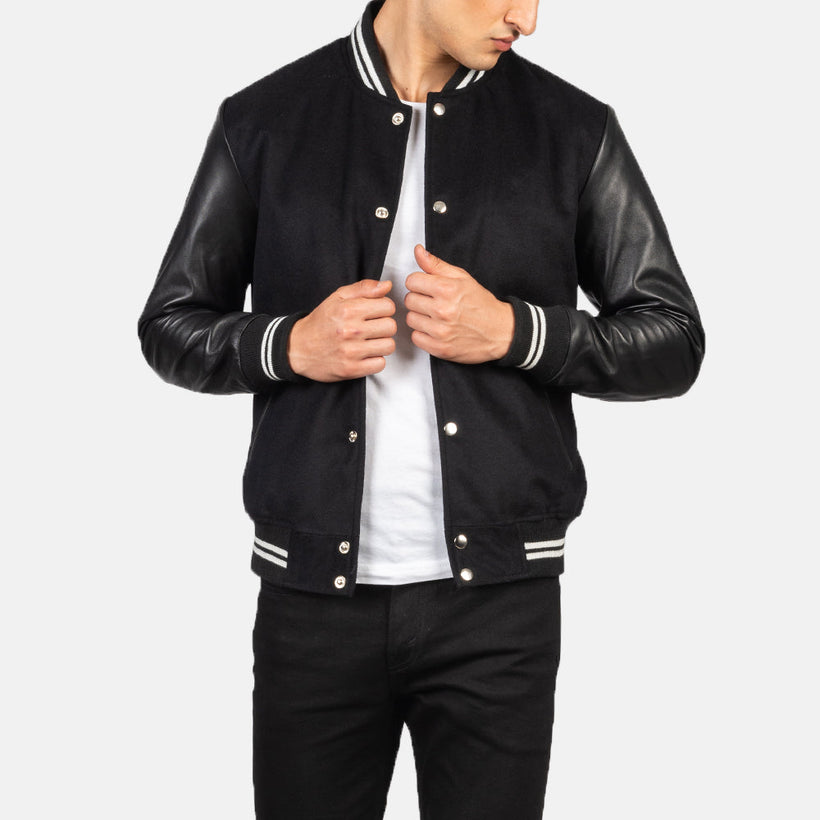 Vaxton Svartur Striped Hybrid Varsity Leðurjakki fyrir karla
