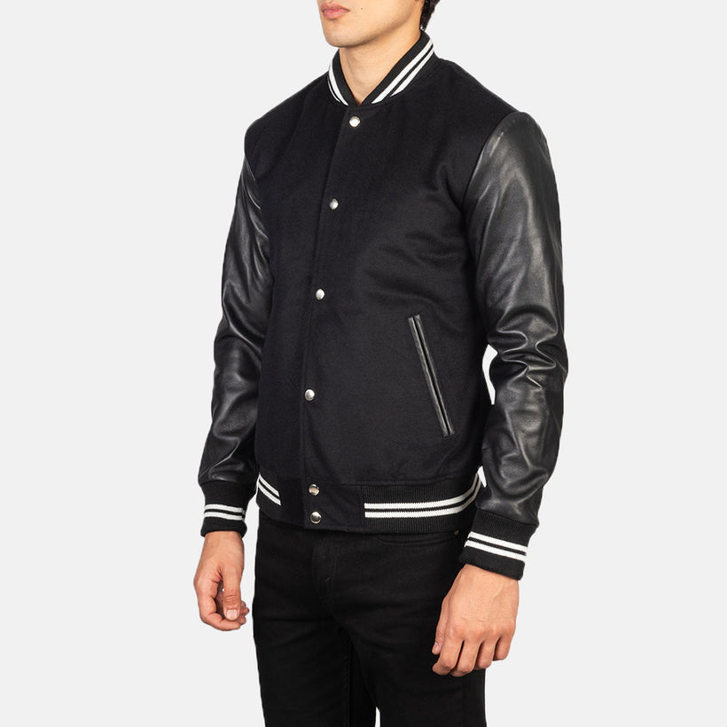 Vaxton Svartur Striped Hybrid Varsity Leðurjakki fyrir karla