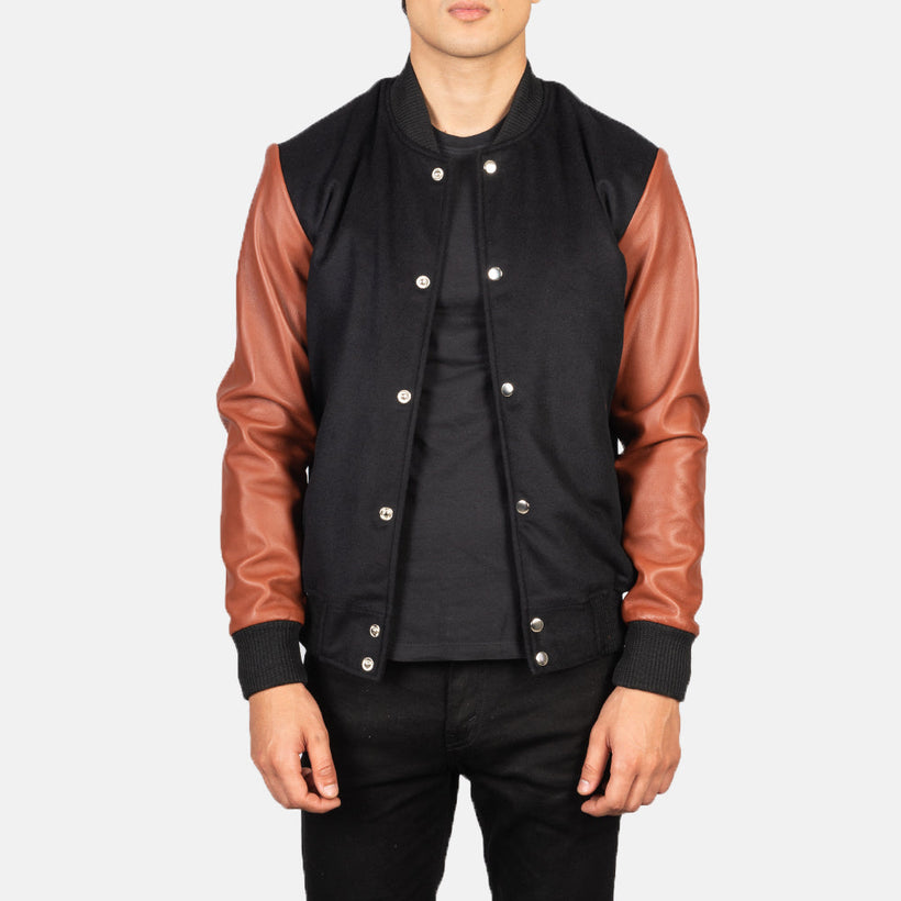 Vaxton Brúnn & Svartur Hybrid Varsity Leðurjakki fyrir Karla