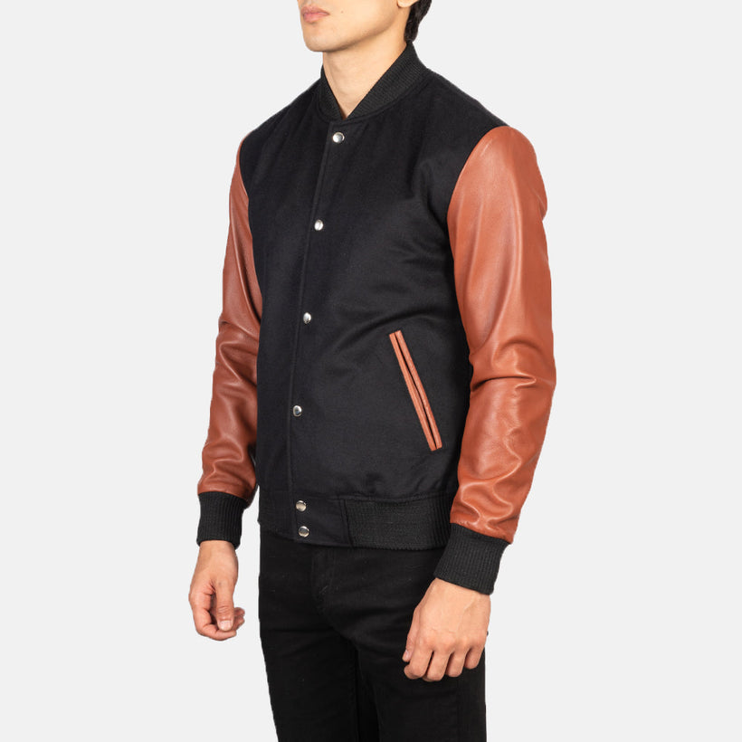 Vaxton Brúnn & Svartur Hybrid Varsity Leðurjakki fyrir Karla