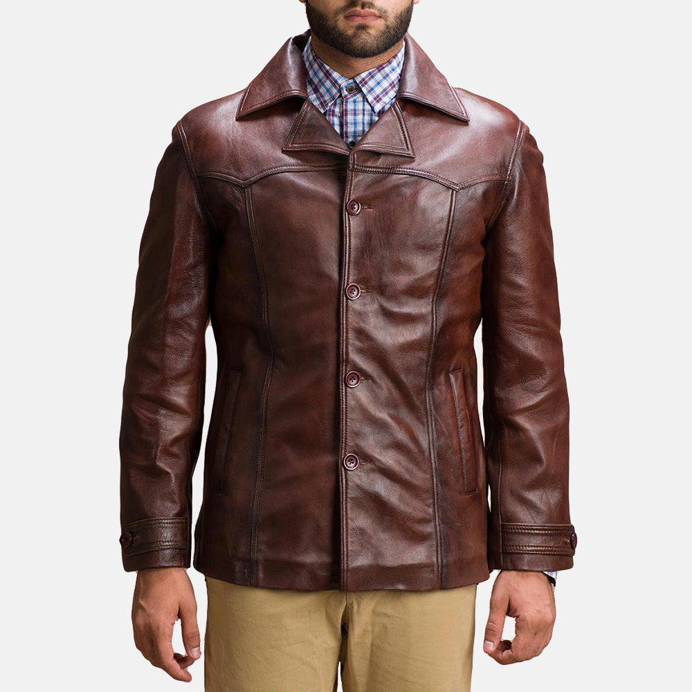 
Vincent Alley Brúnn Leðurjakki fyrir Karla in Brown Sheepskin Leather - Að framan með sniðinni hönnun | Kaupa á netinu
