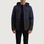 
Wayne Svartur & Blár Hooded Puffer Leðurjakki fyrir Karla in Black + Blue Full-Grain Leather - Að framan með sniðinni hönnun | Kaupa á netinu