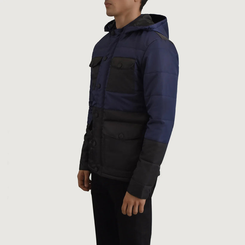 Wayne Svartur & Blár Hooded Puffer Leðurjakki fyrir Karla