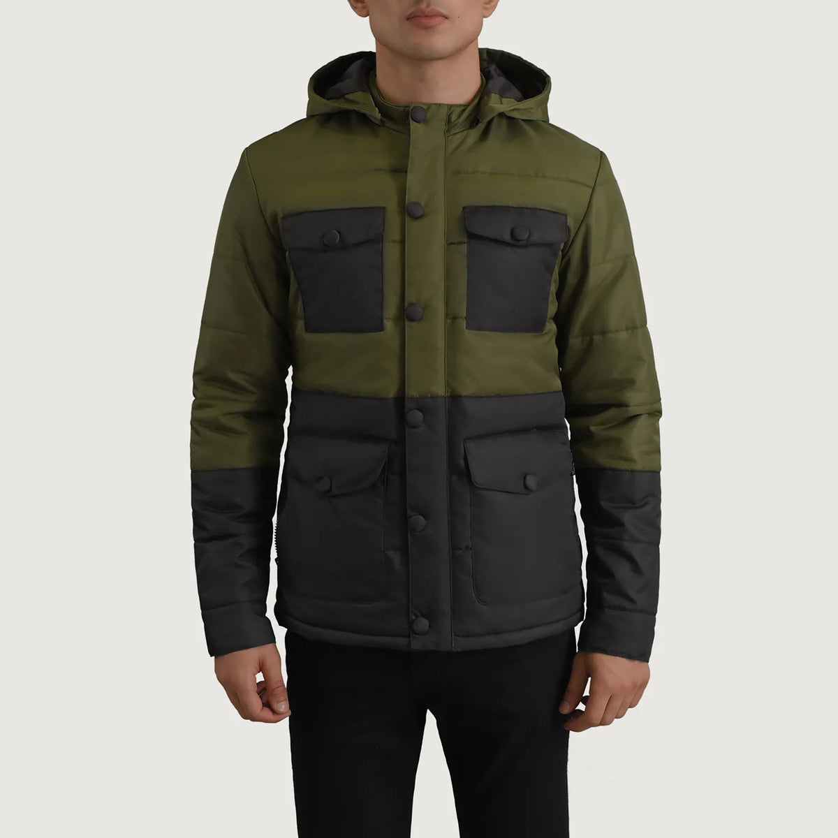 
Nærmynd of Classic Collar & Heavy-Duty Zipper Hardware on Wayne Svartur & Grænn Hooded Puffer Leðurjakki fyrir Karla