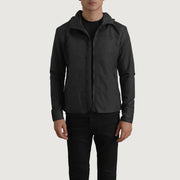 
Wesley Svartur Hooded Windbreaker Leðurjakki fyrir Karla í svörtu ekta nautsleðri - Að framan með sniðinni hönnun | Kaupa á netinu