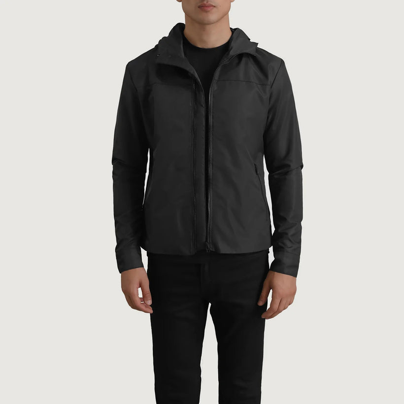 Wesley Svartur Hooded Windbreaker Leðurjakki fyrir Karla