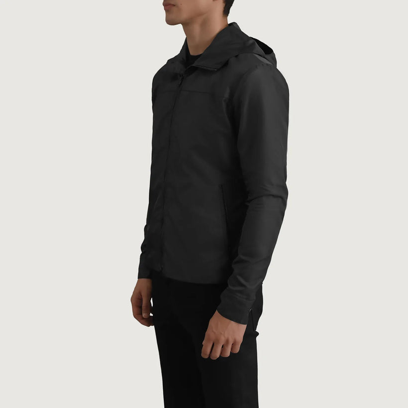 Wesley Svartur Hooded Windbreaker Leðurjakki fyrir Karla