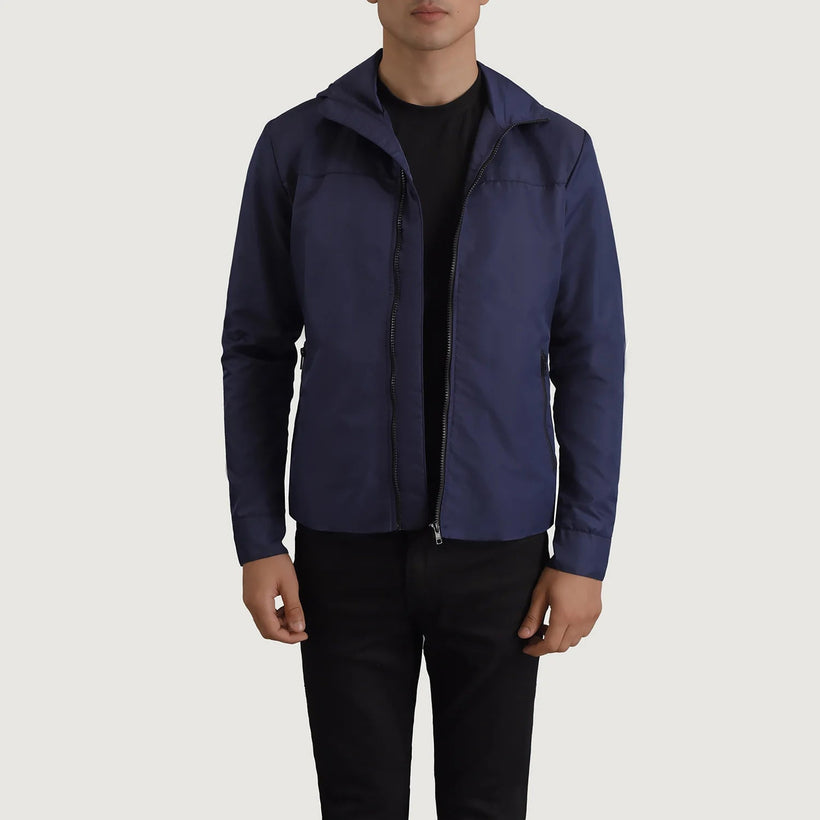 Wesley Blár Hooded Windbreaker Leðurjakki fyrir Karla