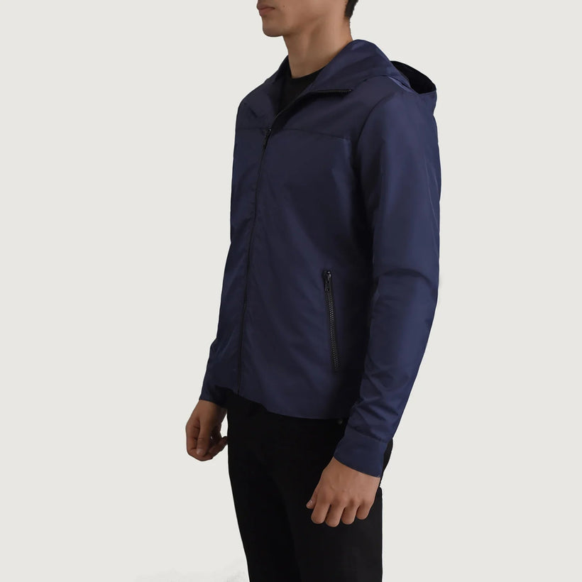 Wesley Blár Hooded Windbreaker Leðurjakki fyrir Karla